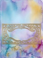Watercolor background with soft pastel hues of purple, blue, yellow, and pink featuring an ornate gold decorative frame border. Suitable for invitations, greeting cards, and design projects.