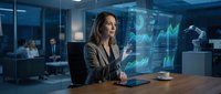 Professional businesswoman analyzing holographic data charts and graphs in modern corporate office environment for technology presentations.