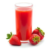 Fresh strawberry juice in tall glass with ripe berries on white background, healthy summer beverage for detox and wellness.