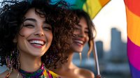 Young woman with curly dark hair and bright smile wearing rainbow accessories at pride celebration against urban skyline background during sunset.