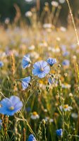 Blue wildflowers blooming in golden sunlit meadow with soft bokeh background creating dreamy natural scene for wellness and nature content.