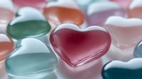 Glass heart shapes in soft pastel colors with red heart in focus against blurred background create romantic mood for valentines day and love concepts.