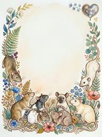 Watercolor floral frame with cute mice group, ferns, berries and wildflowers, copy space for text, greeting card or poster design.