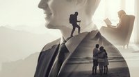 Double exposure portrait of smiling Caucasian businessman blended with hiker, family on beach, and person reading, symbolizing work-life balance.