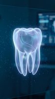 Holographic tooth projection in modern dental clinic showcasing digital dentistry technology and futuristic oral healthcare innovation for medical presentations.