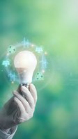 Hand holding glowing light bulb with renewable energy icons including wind turbines, solar panels and recycling symbols on green gradient background.