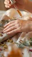 Woman applying golden facial serum oil with dropper bottle on hand surrounded by dried flowers for natural skincare routine and wellness spa treatment.