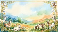 Pastoral landscape with goats grazing in meadow surrounded by ornate floral border frame, watercolor style artwork for farm and countryside design projects.
