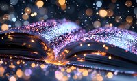 Magical open book with glowing sparkles and colorful bokeh lights creating ethereal atmosphere. Pages emit mystical purple and blue glitter trail against dark background.