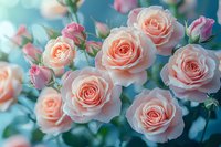Delicate peach-colored roses in full bloom with pink buds against turquoise background, creating soft romantic atmosphere for wedding and celebration designs.