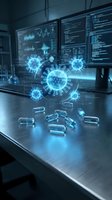 Glowing virus molecules with digital hologram displayed on laboratory desk surrounded by capsules, monitoring screens showing data analysis in background, representing pharmaceutical research and development.