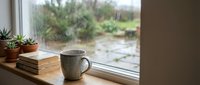 Cozy morning scene with ceramic mug and books on wooden windowsill overlooking rainy garden view for relaxation and reading moments.