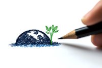 Hand drawing small green plant growing through pencil sketch of wave, symbolizing hope, resilience and environmental protection concept. Creative minimal composition.