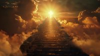 Stone stairway leading up through dramatic golden clouds to bright sunlight, symbolizing spiritual journey, hope, and achievement in surreal heavenly setting.