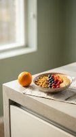 Healthy breakfast bowl with granola, fresh berries, banana slices and orange fruit on concrete kitchen counter by window with natural light.