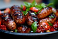 Grilled sausages with roasted cherry tomatoes and fresh herbs on dark plate, close up view showing juicy meat texture and caramelized surface.
