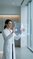 Female doctor using holographic medical interface technology in modern hospital corridor for futuristic healthcare diagnostics and patient data analysis.