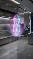 Futuristic holographic dress form mannequin with neon lights in modern retail store interior for fashion technology and digital shopping concepts.