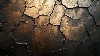 Dramatic cracked earth texture with golden light effect, deep fissures creating abstract pattern on dark weathered surface. Natural erosion background for design projects.
