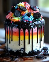 Rainbow layered cake with chocolate drip, topped with colorful buttercream swirls, sandwich cookies and sprinkles. Dark chocolate ganache drips down ombre tiers from yellow to pink.