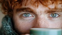 Young redhead man with freckles and blue eyes drinking from turquoise mug, close-up portrait showing natural beauty and warmth for lifestyle content.