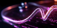Glowing neon wave line with purple and pink light effects on dark background, abstract digital technology visualization for modern design.
