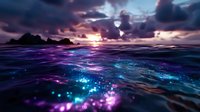 Magical ocean waves with glowing bioluminescent plankton at sunset creating ethereal purple and blue light effects in tropical seascape for fantasy designs.