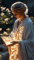 Young woman in white robe holding glowing book at sunset, magical light sparkles illuminate her figure against dark background creating ethereal atmosphere.