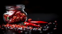 Fresh red chili peppers and crushed pepper flakes in glass jar on dark background with dramatic lighting and selective focus for food photography.