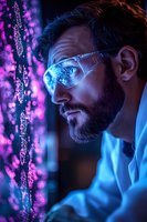 Caucasian male scientist in protective eyewear analyzing digital data with purple and blue neon lighting in modern laboratory environment for research and technology.
