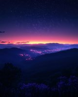 Magical twilight landscape with glowing city lights nestled in mountain valley under starry purple sky and pink horizon, wildflowers in foreground.