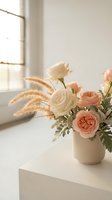 Elegant floral arrangement with peach and cream roses, pampas grass, and greenery in a neutral vase on a white surface in soft natural light.