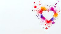 White heart shape with vibrant colorful paint splashes and dots on light background for romantic designs and Valentine's Day projects.