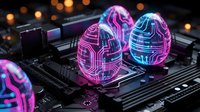 Neon glowing eggs with circuit patterns on computer motherboard, representing digital technology, artificial intelligence, and futuristic innovation for tech concepts.