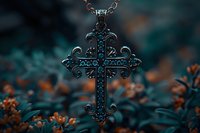 Ornate metal cross pendant with turquoise stones against blurred teal and orange floral background, creating mystical religious atmosphere. Detailed jewelry craftsmanship.