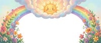 Cheerful sun with rainbow and colorful flowers frame on white background. Cute cartoon style border with clouds for children designs and greeting cards.