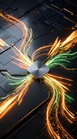 Futuristic computer processor with glowing energy streams and light trails on circuit board background for technology and innovation concepts.