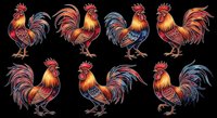 Colorful decorative roosters set, isolated on transparent background, ready for t-shirt design, stickers, clipart, print on demand, and sublimation projects.