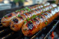Juicy grilled sausages with caramelized glaze and fresh herbs on barbecue grill, perfect for food menu, restaurant advertising or cooking blog promotion.
