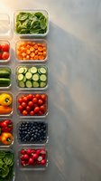 Fresh vegetables and fruits organized in glass containers for meal prep planning and healthy eating lifestyle on kitchen counter.