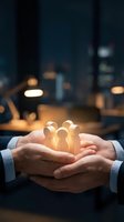 Hands holding glowing wooden figures in office setting, symbolizing teamwork, human resources, employee care, and business growth with blurred corporate background.
