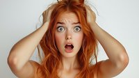 Young woman with red hair expressing shock and surprise with wide open mouth and eyes, holding hands on head against light background.