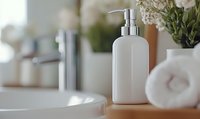 White ceramic soap dispenser on wooden counter near sink with soft focus bathroom decor, rolled towel and flowers creating spa-like atmosphere.
