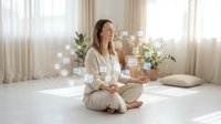 Young woman meditating in bright modern room with floating digital icons representing wellness technology and mindfulness apps for mental health.
