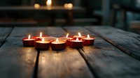 Glowing tea light candles arranged on rustic wooden table create warm atmospheric lighting with soft bokeh effect in dark moody setting.