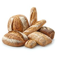 Assorted fresh baked artisan breads including crusty baguettes, round loaves and rolls with flour dusting, isolated on white background for bakery and food design use.