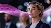 Young professional woman in business suit with confident smile against dark background with flowing pink light streak effect, modern corporate portrait.