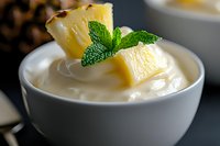 Creamy yogurt dessert topped with fresh pineapple chunks and mint leaves in white ceramic bowl, close-up view on dark background. Fresh healthy breakfast.