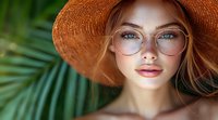 Young Caucasian woman with natural makeup wearing round glasses and straw hat against tropical palm leaves background, soft natural lighting creates dreamy summer mood.