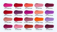 Colorful lipstick swatches palette showing various shades from pink to red to purple with product names for cosmetic branding and beauty marketing.